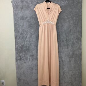 Vintage 70s Melissa Lane  Maxi Dress Tan Nylon Boho Hippie lace trim tie back